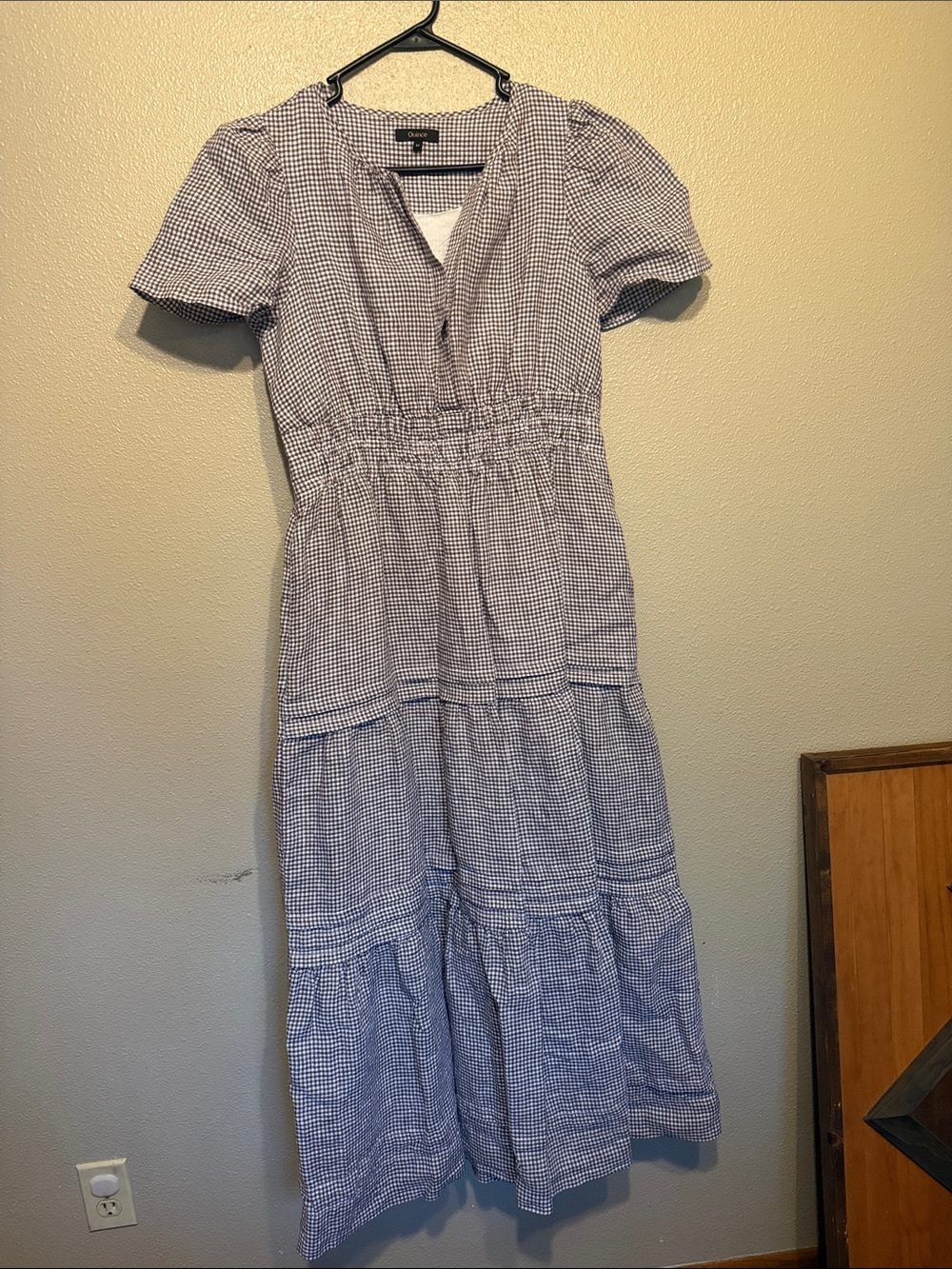 Quince 100% linen- brown and white Gingham Tiered Dress